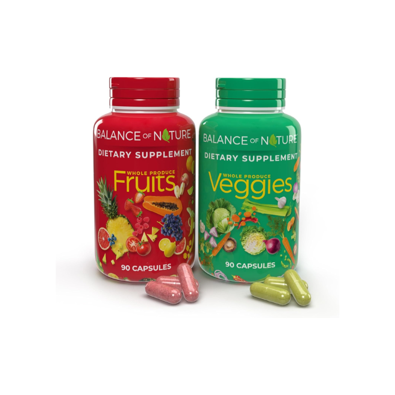 Balance of Nature Fruits and Veggies Supplements - Whole Fruit and Vegetable Ingredients for Women, Men, and Kids - 90 Fruit Capsules, 90 Veggie Capsules - 1 Set