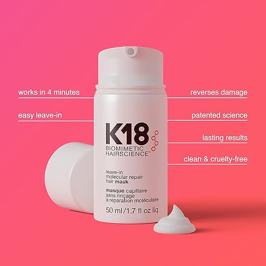 K18 Leave-In Molecular Hair Mask, Repairs Dry or Damaged Hair, Reverse Hair Damage from Bleach, Color, Chemical Services & Heat 50ml