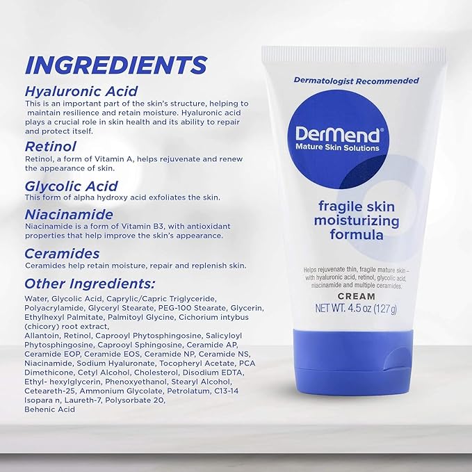 Dermend Specialized Fragile Skin Moisturizing Cream: Formula to Restore & Rejuvenate - Daily Anti Wrinkle Cream for Firming & Strengthening Thin, Aging Skin - 4.5 Oz Tube