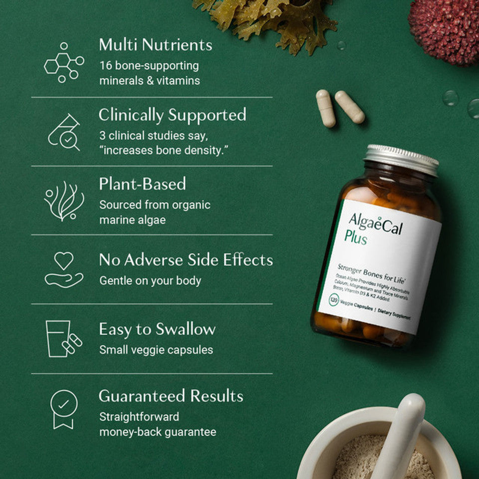 ALGAECAL Organic Red Algae Calcium Supplement for Bone Density, Vitamin K2 MK7 (100mg), Vitamin D3 (1600 IU 120 Veggie Caps