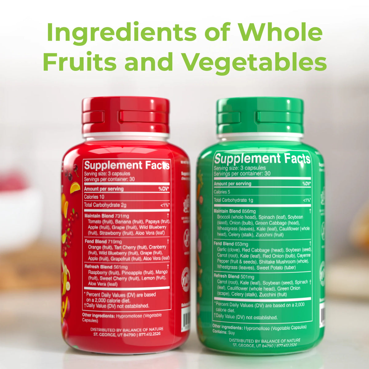 Balance of Nature Fruits and Veggies Supplements - Whole Fruit and Vegetable Ingredients for Women, Men, and Kids - 90 Fruit Capsules, 90 Veggie Capsules - 1 Set