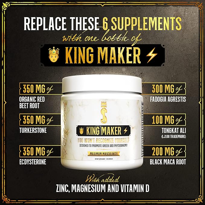 King Maker 13-in-1 Power Packed ingredients made specifically for men. A powerful formula to help you increase stamina, build lean muscle, and quick recovery 120 count