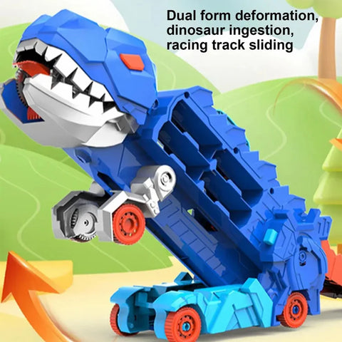 Dinosaur Car Transforming Toy Set Cool Swallowing Car Transforming Dinosaur Track Car with 4 Alloy Car Children's Gift