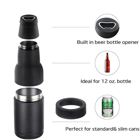 3-in-1 Stainless Steel Can and Bottle Holder with Cola Opener - Double Wall Vacuum Insulated Beer Cooler