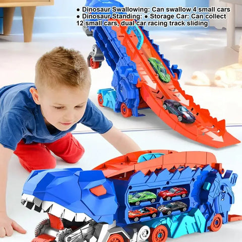 Dinosaur Car Transforming Toy Set Cool Swallowing Car Transforming Dinosaur Track Car with 4 Alloy Car Children's Gift