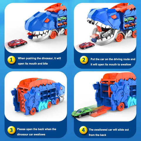 Dinosaur Car Transforming Toy Set Cool Swallowing Car Transforming Dinosaur Track Car with 4 Alloy Car Children's Gift