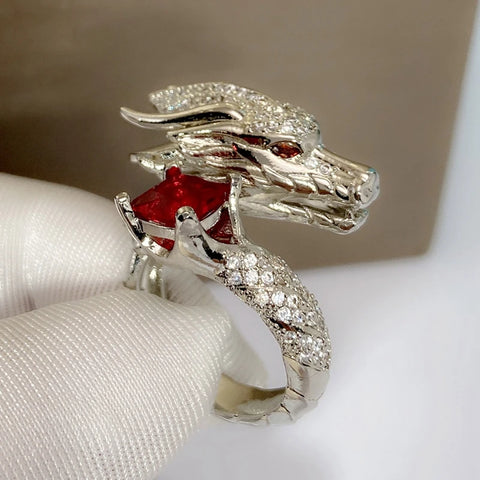 Men's Silver Dragon Pattern Ring with Oval Red Stone - Wedding and Party Jewelry