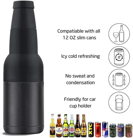 3-in-1 Stainless Steel Can and Bottle Holder with Cola Opener - Double Wall Vacuum Insulated Beer Cooler