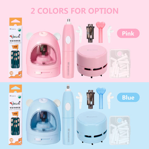 tenwin Electric Pencil Sharpener Eraser Vacuum Cleaner Set Stationery Set Battery Operated with 50 Eraser Refills for Kids