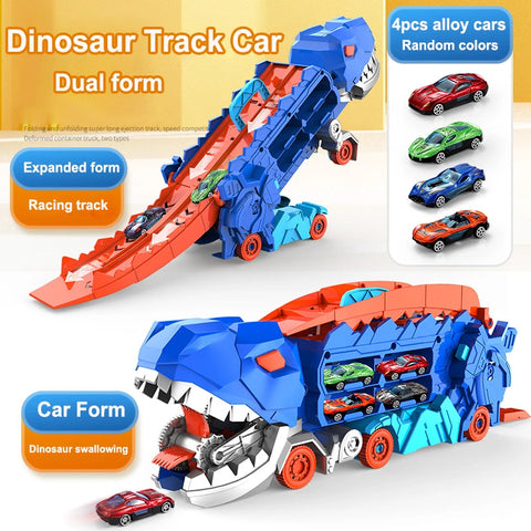 Dinosaur Car Transforming Toy Set Cool Swallowing Car Transforming Dinosaur Track Car with 4 Alloy Car Children's Gift