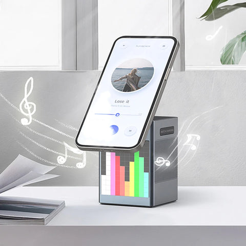 Compact 6-in-1 Wireless Charger with Speaker, Night Light, and Logo for iPhones – Fast Charging, Magnetic Design, and Multifunctional Features.